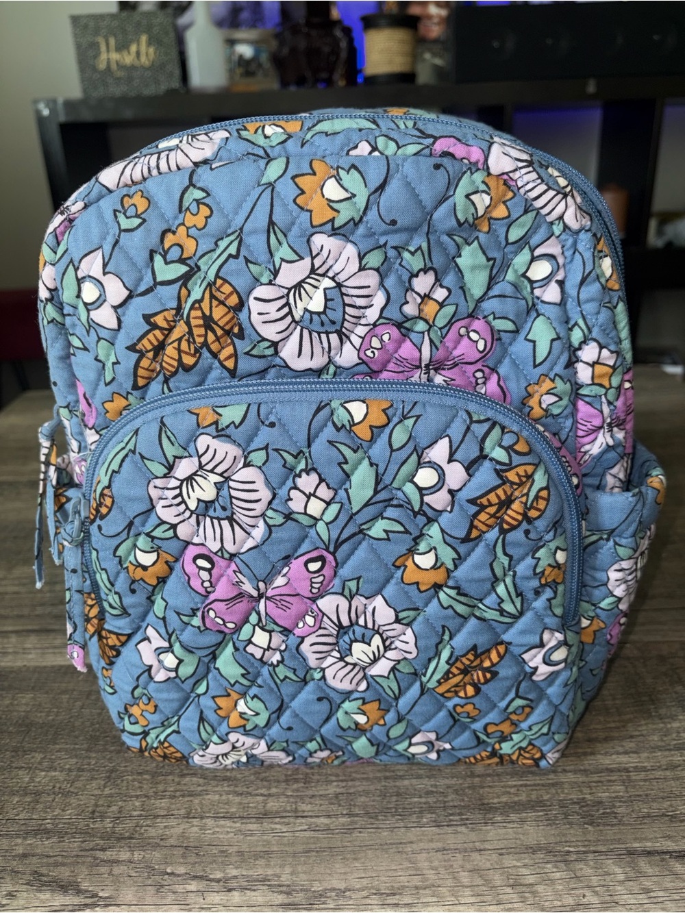 Vera Bradley Quilted Kids Backpack in Blue with Pink and Orange Accents